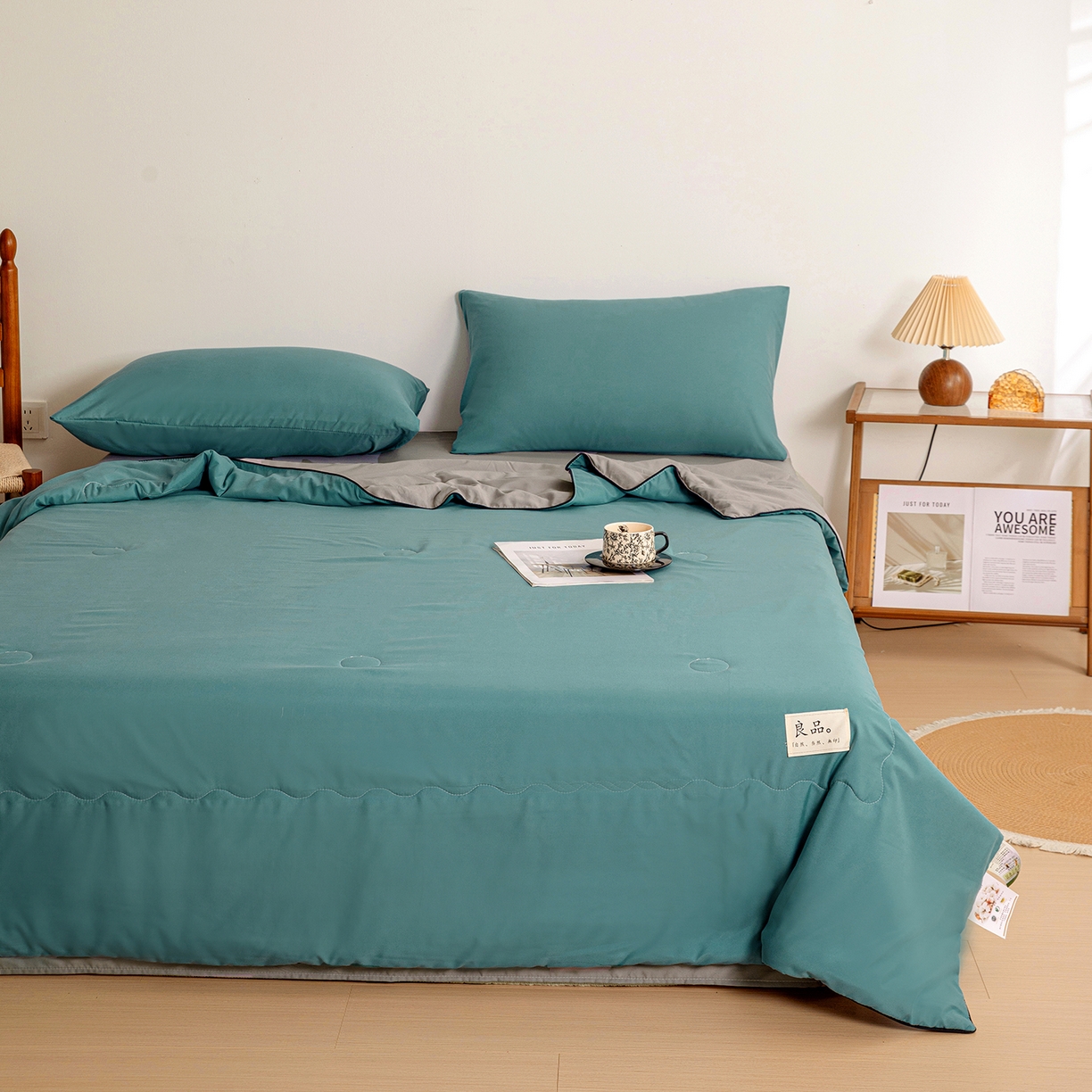 91家纺网 家纺一手货源 找家纺 易展家居 2026新款水洗棉新疆棉花夏被-嵌绳款 嵌绳-蓝灰