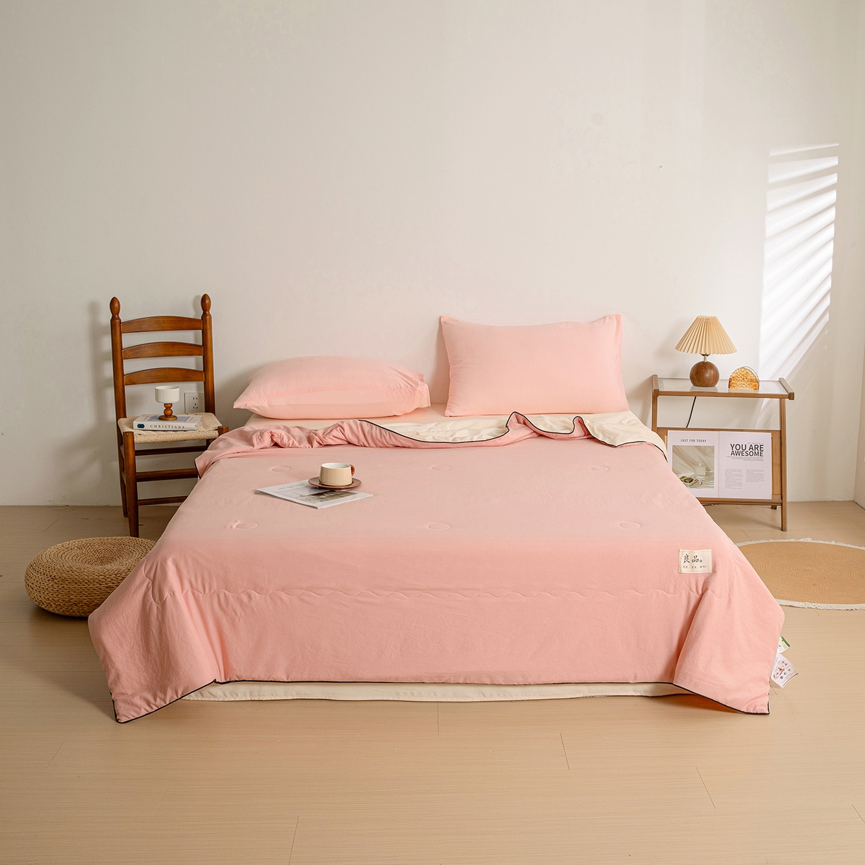 91家纺网 家纺一手货源 找家纺 易展家居 2026新款水洗棉新疆棉花夏被-嵌绳款 嵌绳-浅粉