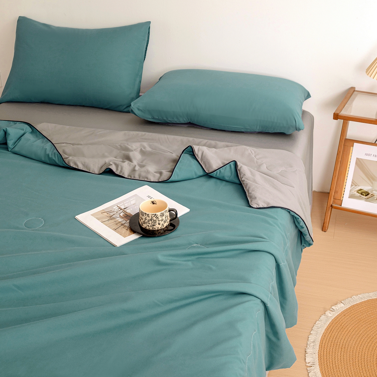 91家纺网 家纺一手货源 找家纺 易展家居 2026新款水洗棉新疆棉花夏被-嵌绳款 嵌绳-蓝灰