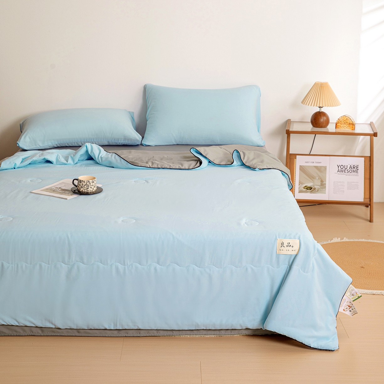 91家纺网 家纺一手货源 找家纺 易展家居 2026新款水洗棉新疆棉花夏被-嵌绳款 嵌绳-天蓝