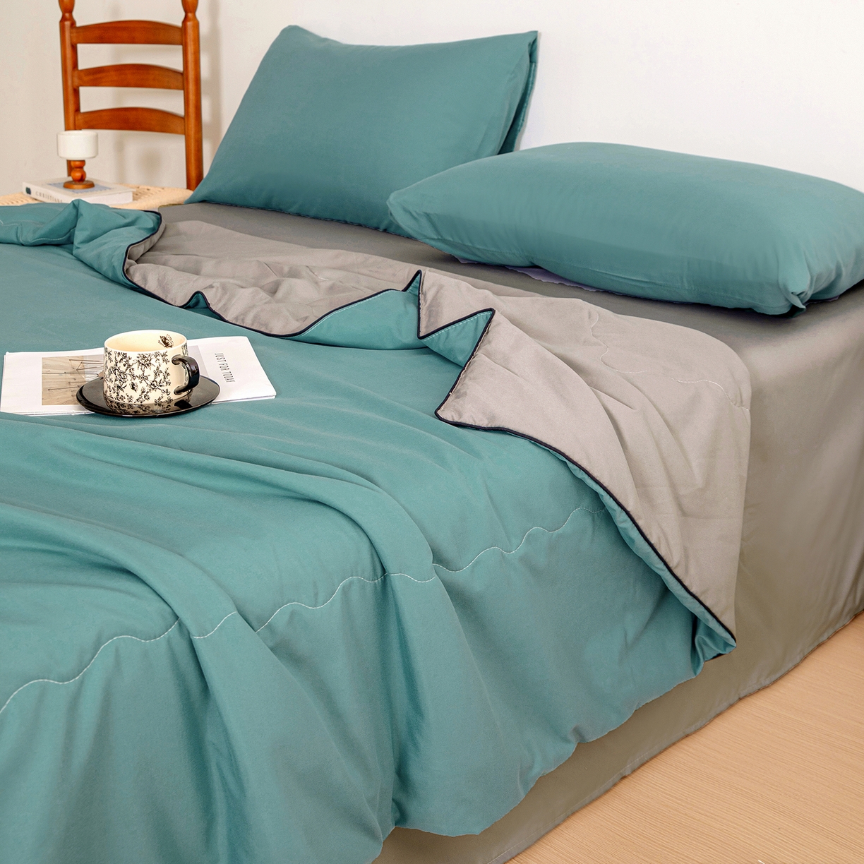 91家纺网 家纺一手货源 找家纺 易展家居 2026新款水洗棉新疆棉花夏被-嵌绳款 嵌绳-蓝灰