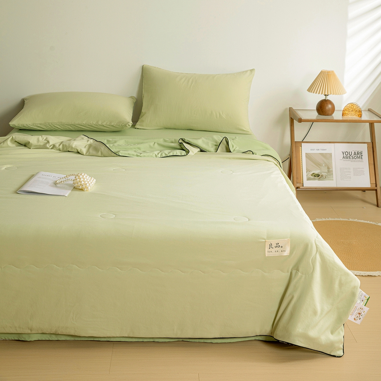 91家纺网 家纺一手货源 找家纺 易展家居 2026新款水洗棉新疆棉花夏被-嵌绳款 嵌绳-薄荷绿