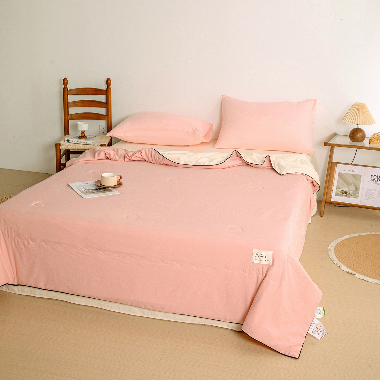 91家纺网 家纺一手货源 找家纺 易展家居 2026新款水洗棉新疆棉花夏被-嵌绳款 嵌绳-浅粉