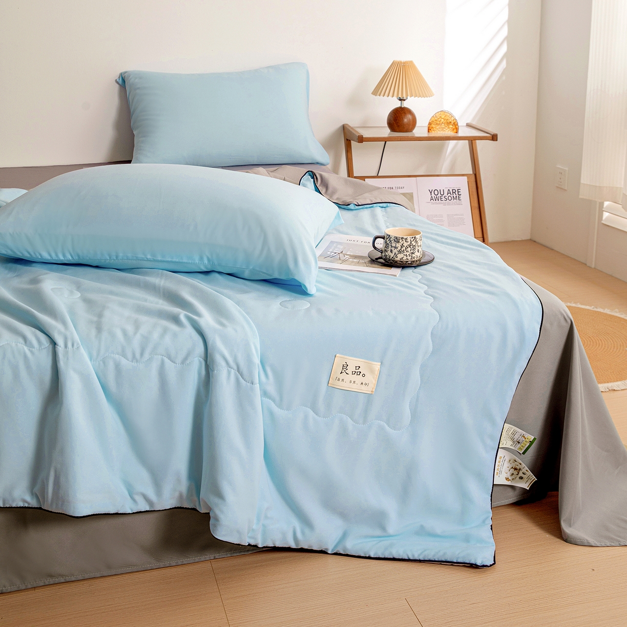 91家纺网 家纺一手货源 找家纺 易展家居 2026新款水洗棉新疆棉花夏被-嵌绳款 嵌绳-天蓝