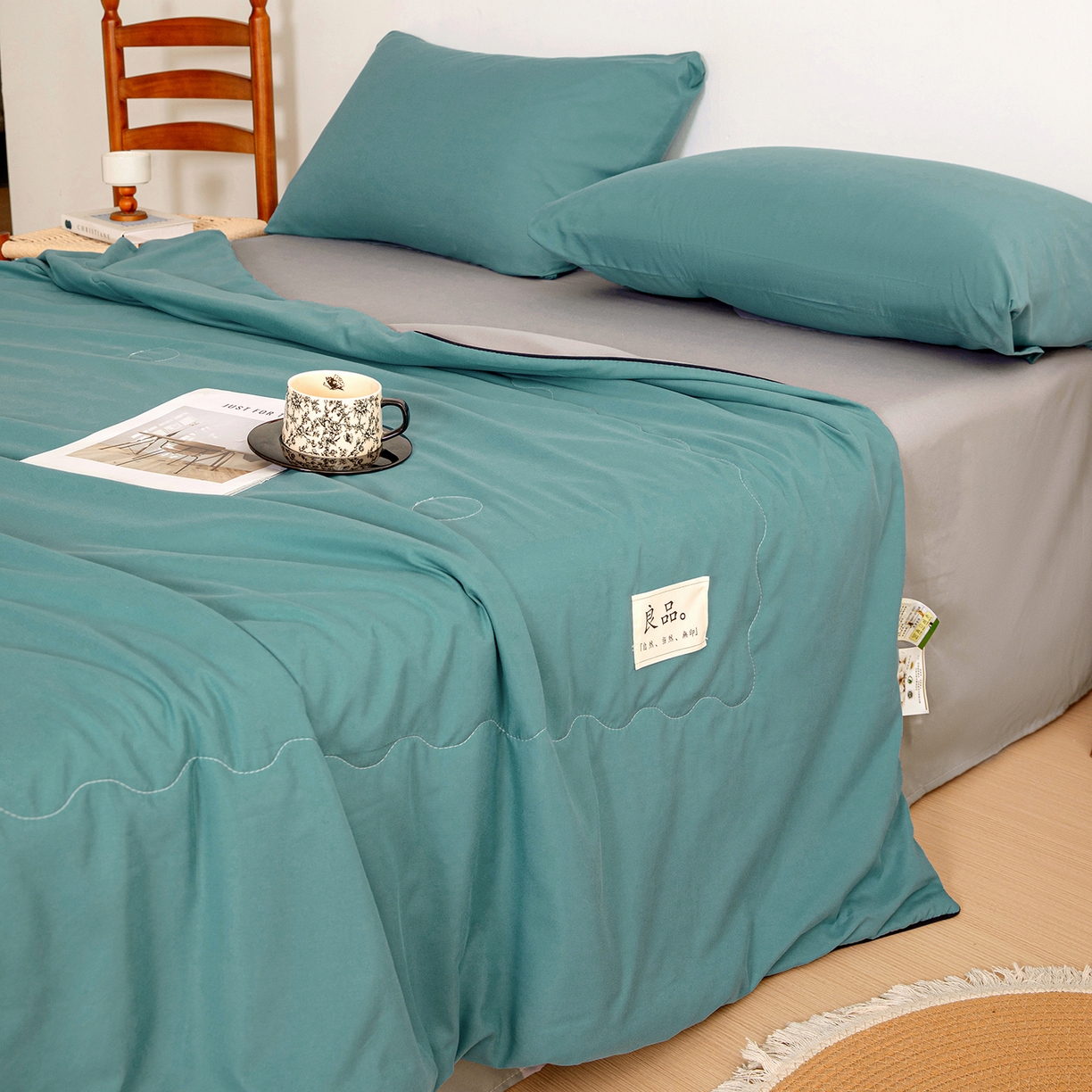 91家纺网 家纺一手货源 找家纺 易展家居 2026新款水洗棉新疆棉花夏被-嵌绳款 嵌绳-蓝灰