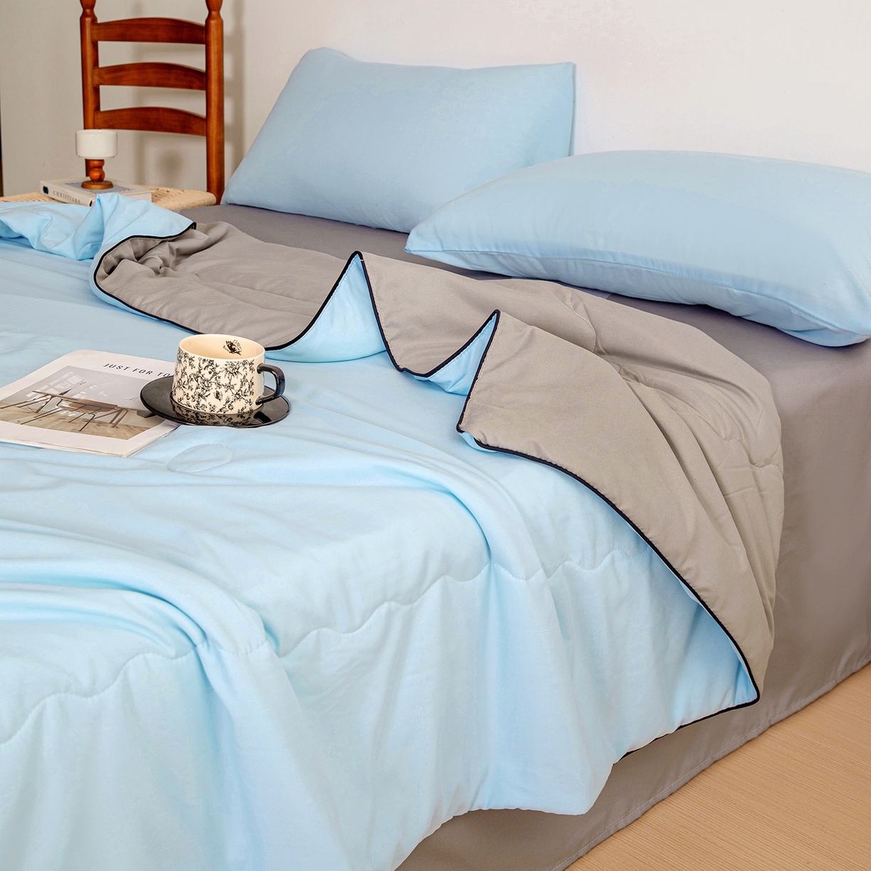 91家纺网 家纺一手货源 找家纺 易展家居 2026新款水洗棉新疆棉花夏被-嵌绳款 嵌绳-天蓝