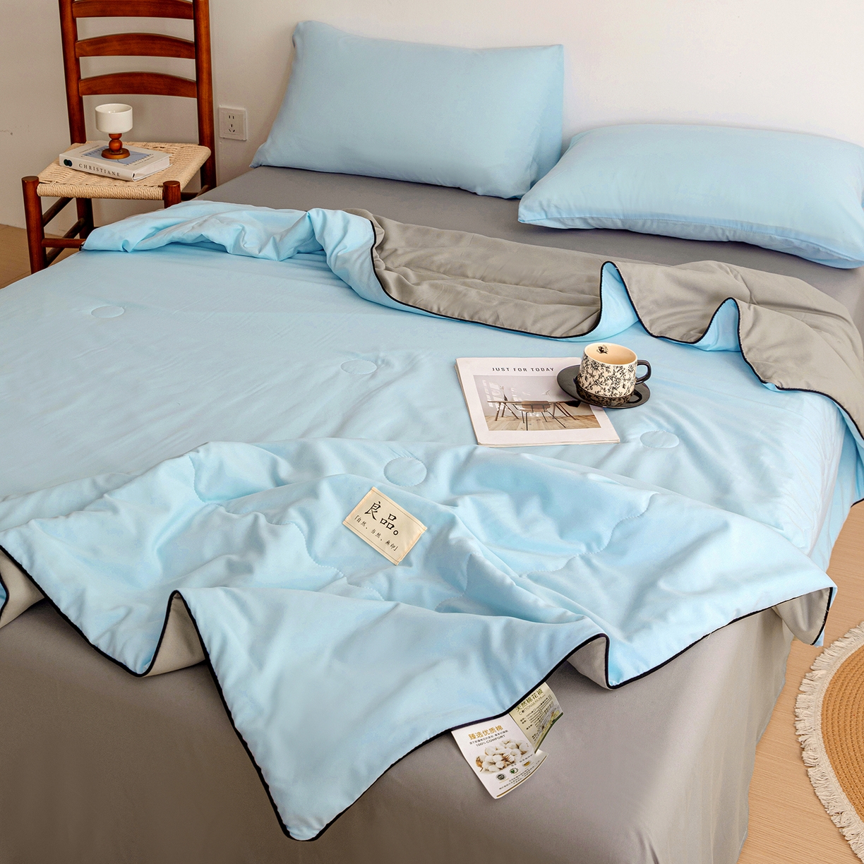 91家纺网 家纺一手货源 找家纺 易展家居 2026新款水洗棉新疆棉花夏被-嵌绳款 嵌绳-天蓝