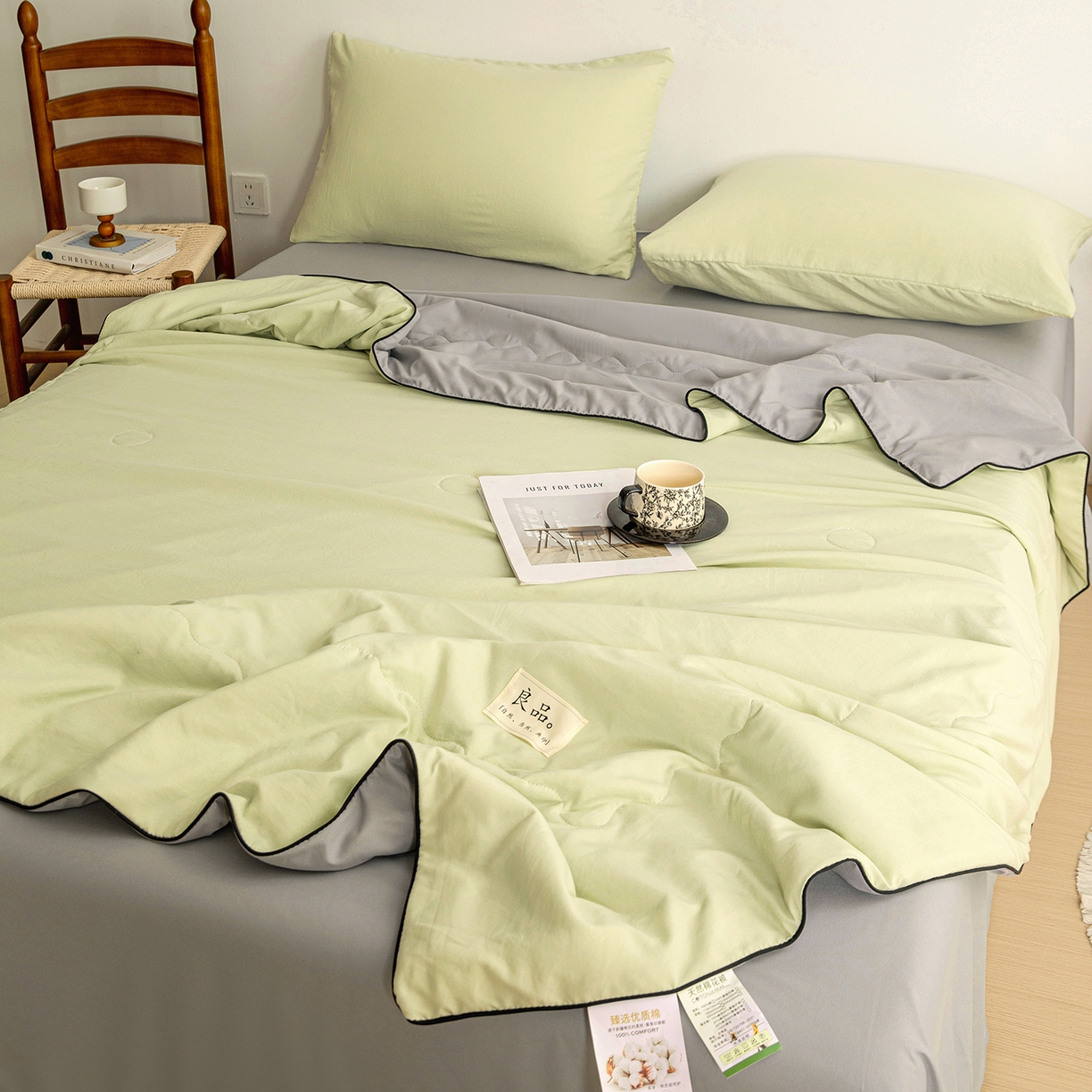 91家纺网 家纺一手货源 找家纺 易展家居 2026新款水洗棉新疆棉花夏被-嵌绳款 嵌绳-薄荷绿+浅灰