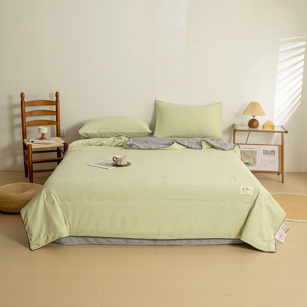 91家纺网 家纺一手货源 找家纺 易展家居 2026新款水洗棉新疆棉花夏被-嵌绳款 嵌绳-薄荷绿+浅灰