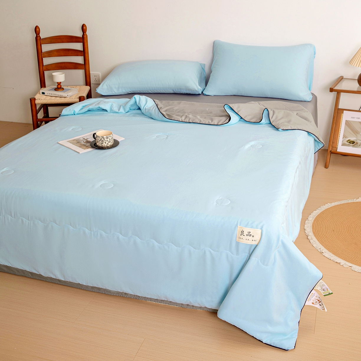 91家纺网 家纺一手货源 找家纺 易展家居 2026新款水洗棉新疆棉花夏被-嵌绳款 嵌绳-天蓝