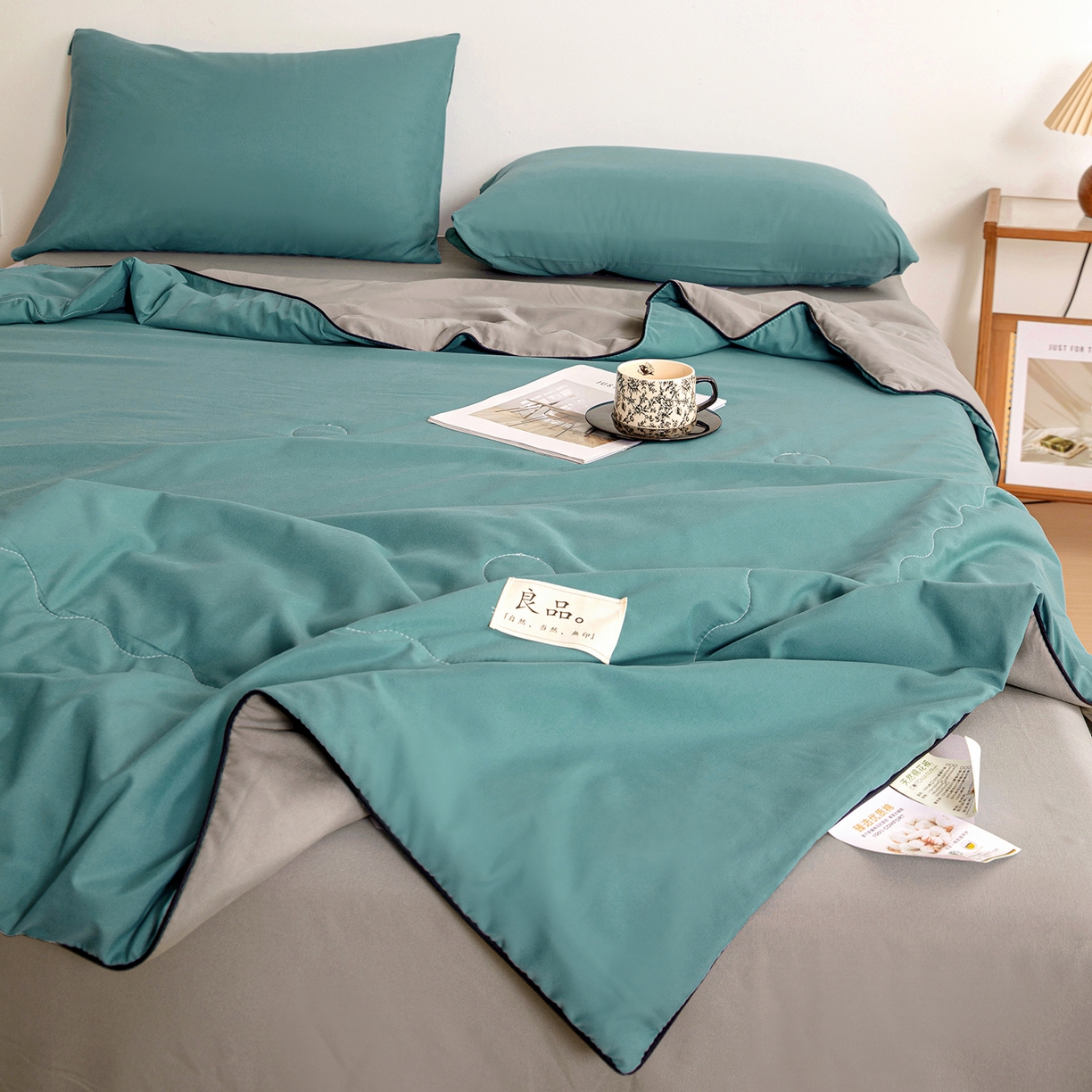 91家纺网 家纺一手货源 找家纺 易展家居 2026新款水洗棉新疆棉花夏被-嵌绳款 嵌绳-蓝灰