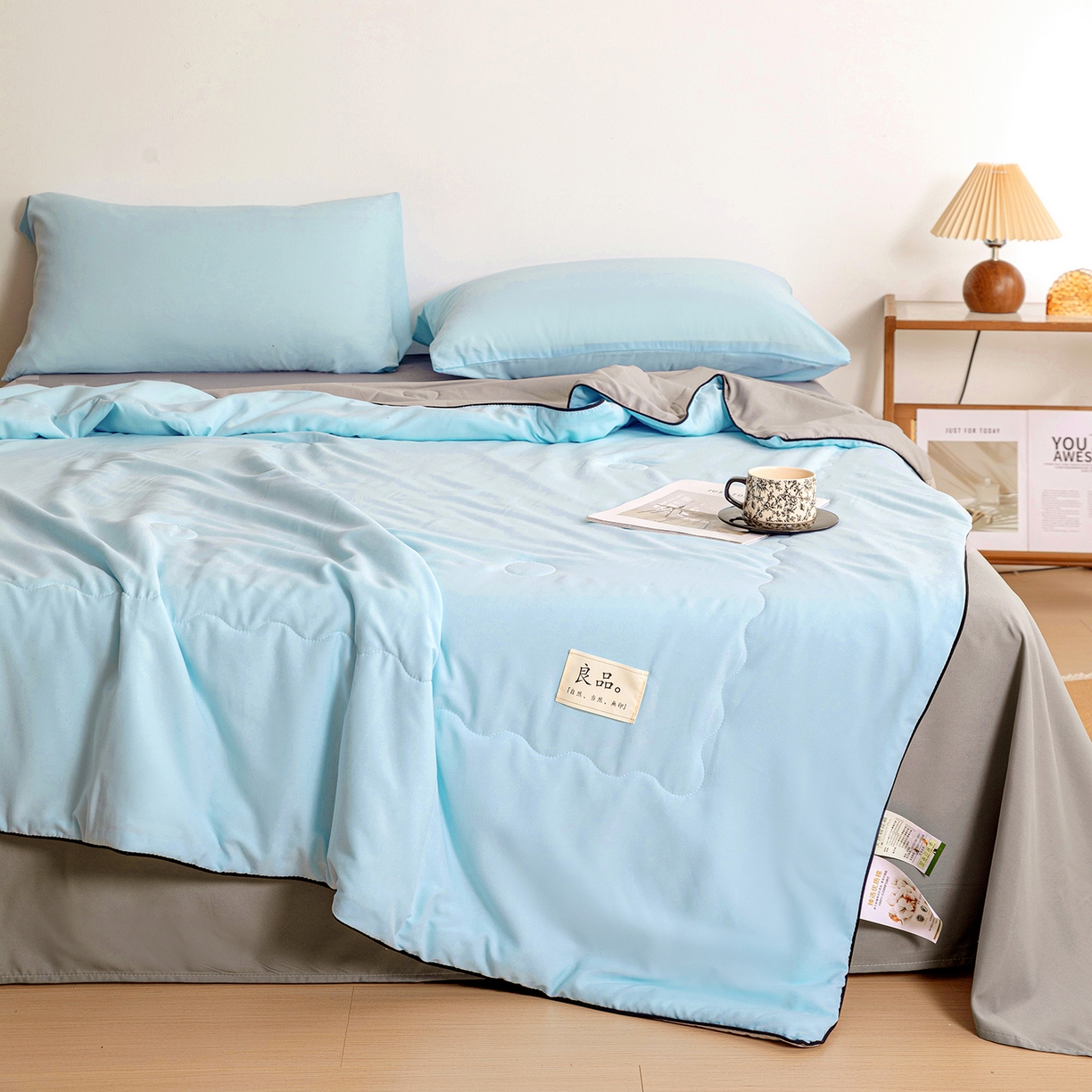 91家纺网 家纺一手货源 找家纺 易展家居 2026新款水洗棉新疆棉花夏被-嵌绳款 嵌绳-天蓝