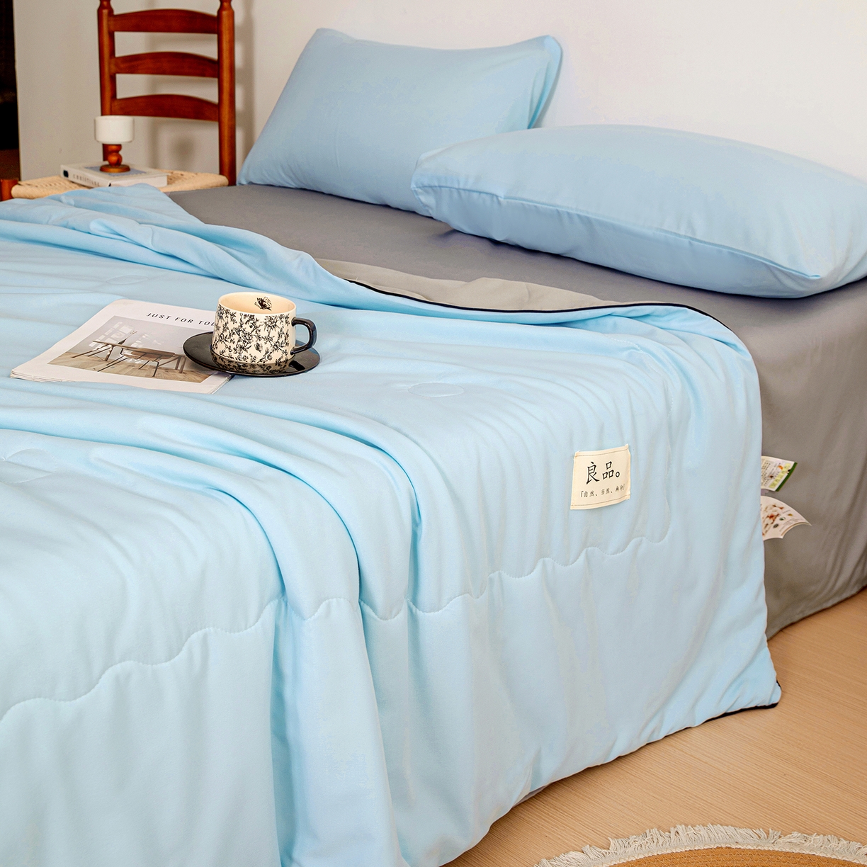 91家纺网 家纺一手货源 找家纺 易展家居 2026新款水洗棉新疆棉花夏被-嵌绳款 嵌绳-天蓝