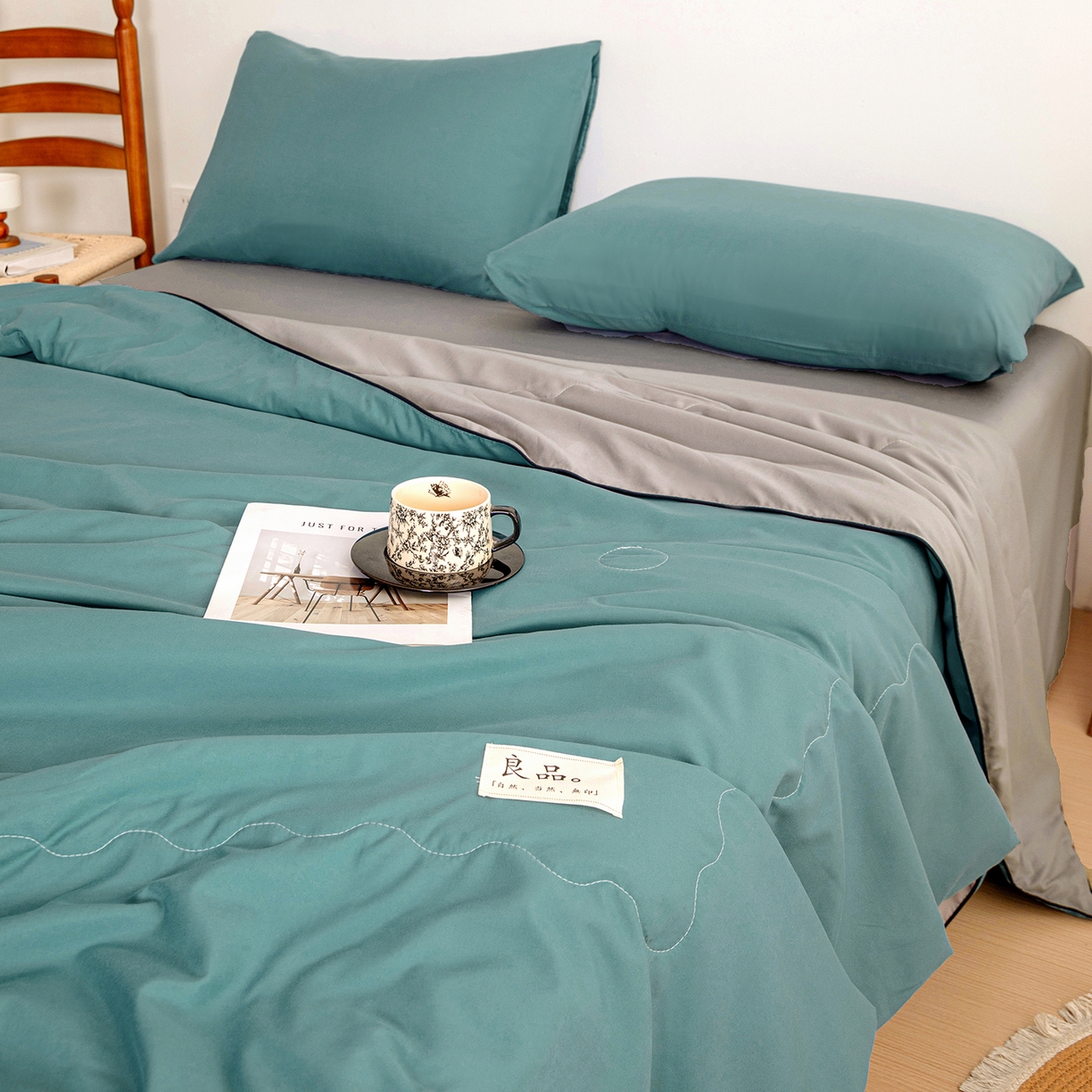 91家纺网 家纺一手货源 找家纺 易展家居 2026新款水洗棉新疆棉花夏被-嵌绳款 嵌绳-蓝灰