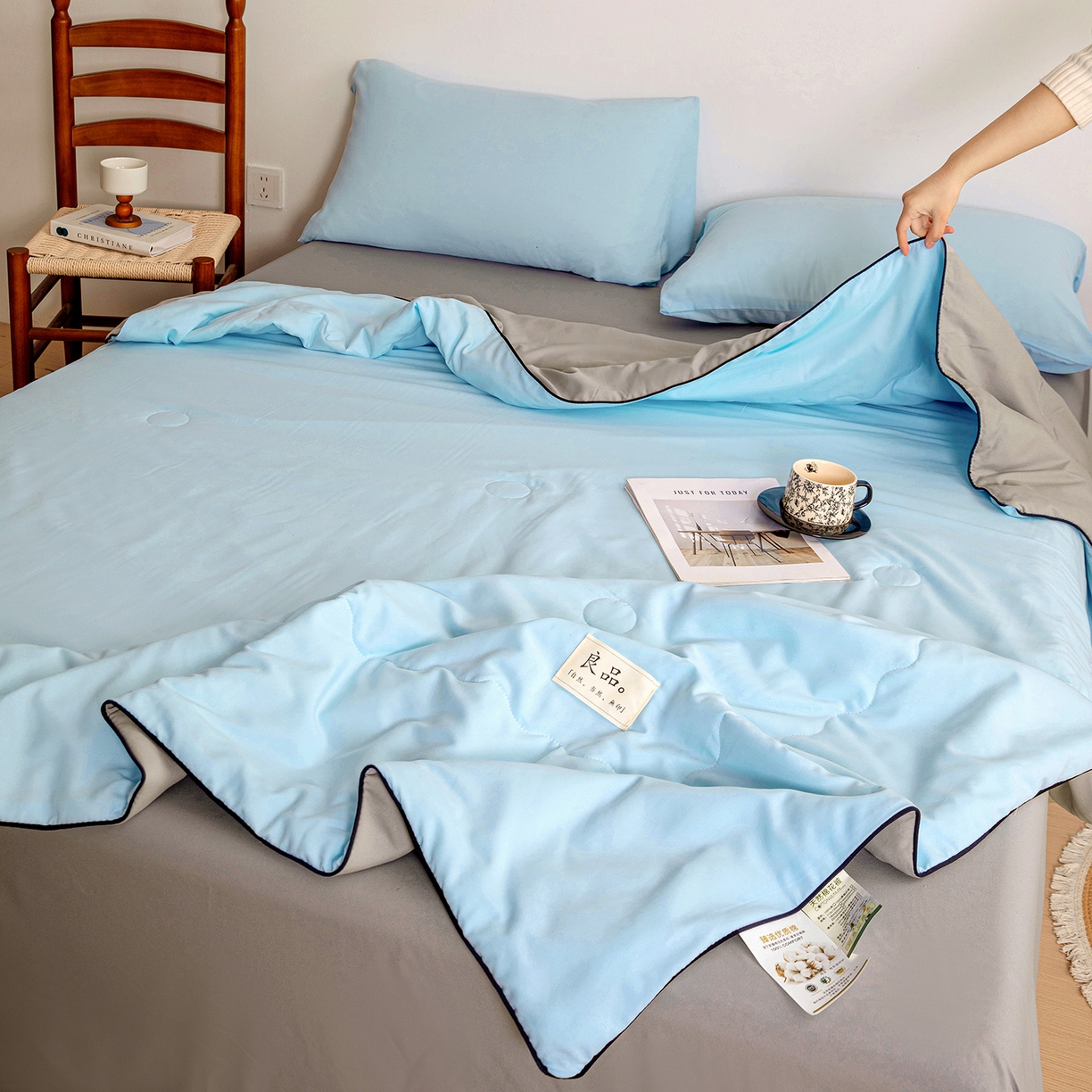 91家纺网 家纺一手货源 找家纺 易展家居 2026新款水洗棉新疆棉花夏被-嵌绳款 嵌绳-天蓝