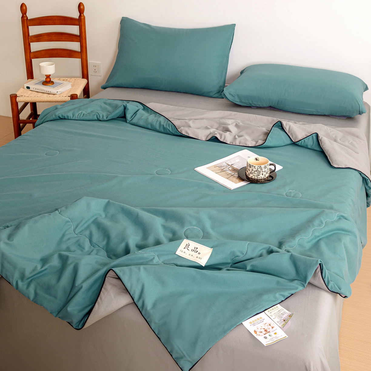 91家纺网 家纺一手货源 找家纺 易展家居 2026新款水洗棉新疆棉花夏被-嵌绳款 嵌绳-蓝灰