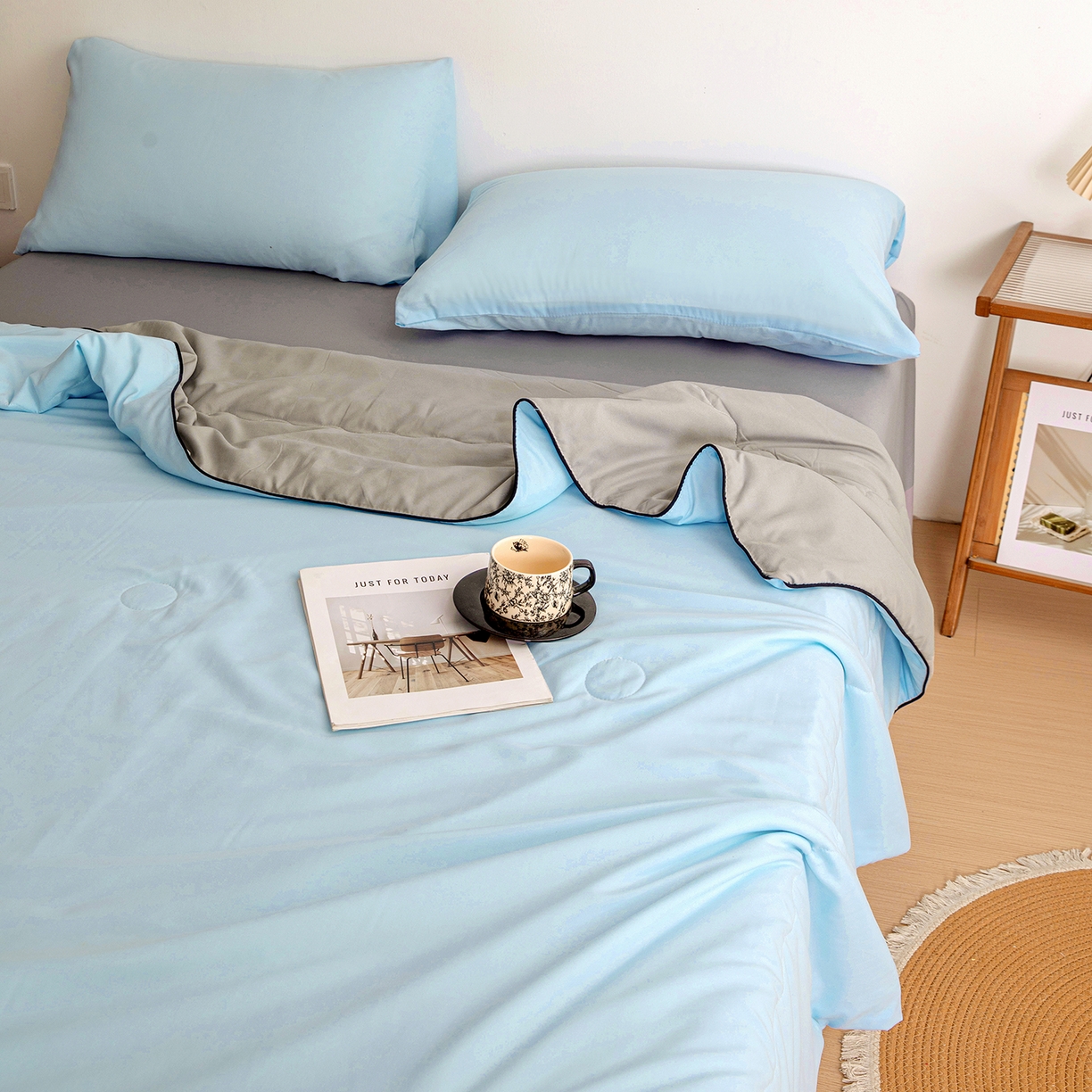 91家纺网 家纺一手货源 找家纺 易展家居 2026新款水洗棉新疆棉花夏被-嵌绳款 嵌绳-天蓝