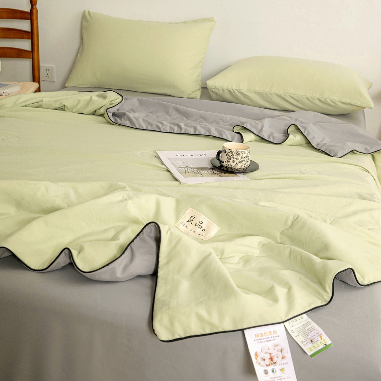 91家纺网 家纺一手货源 找家纺 易展家居 2026新款水洗棉新疆棉花夏被-嵌绳款 嵌绳-薄荷绿+浅灰