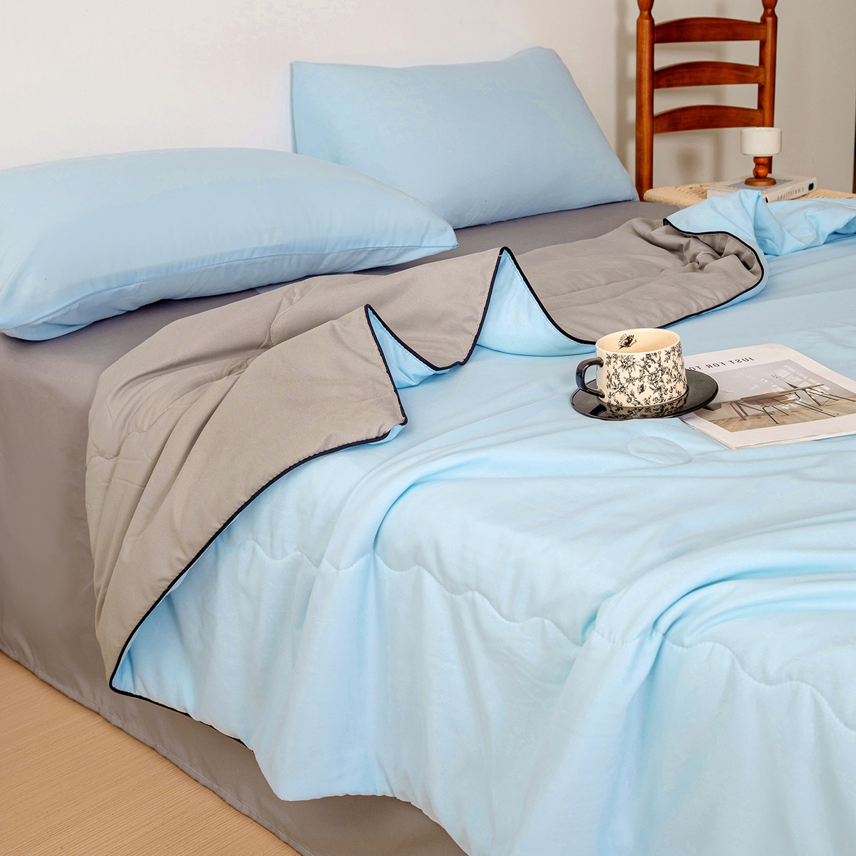 91家纺网 家纺一手货源 找家纺 易展家居 2026新款水洗棉新疆棉花夏被-嵌绳款 嵌绳-天蓝