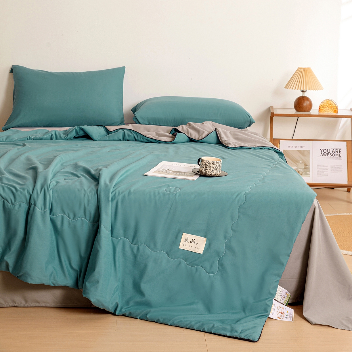 91家纺网 家纺一手货源 找家纺 易展家居 2026新款水洗棉新疆棉花夏被-嵌绳款 嵌绳-蓝灰