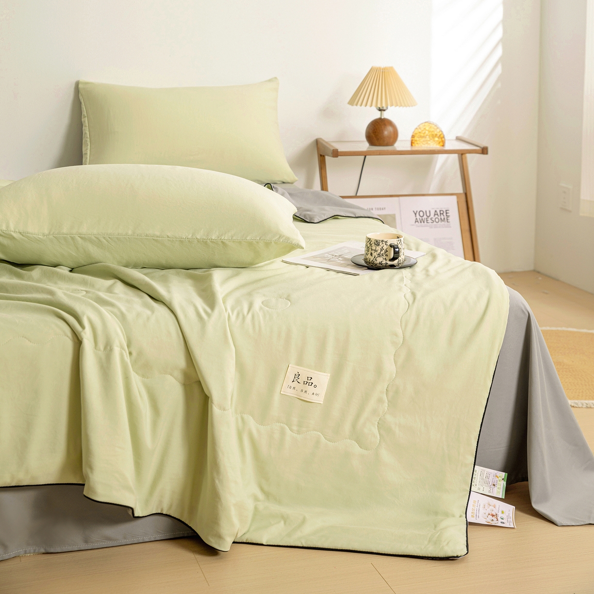 91家纺网 家纺一手货源 找家纺 易展家居 2026新款水洗棉新疆棉花夏被-嵌绳款 嵌绳-薄荷绿+浅灰