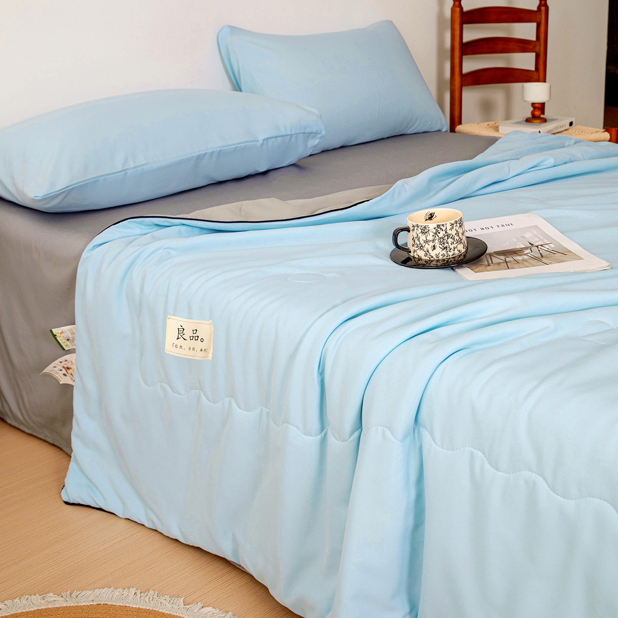 91家纺网 家纺一手货源 找家纺 易展家居 2026新款水洗棉新疆棉花夏被-嵌绳款 嵌绳-天蓝