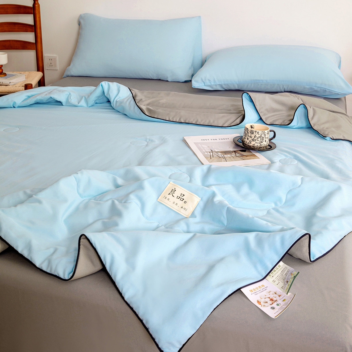 91家纺网 家纺一手货源 找家纺 易展家居 2026新款水洗棉新疆棉花夏被-嵌绳款 嵌绳-天蓝