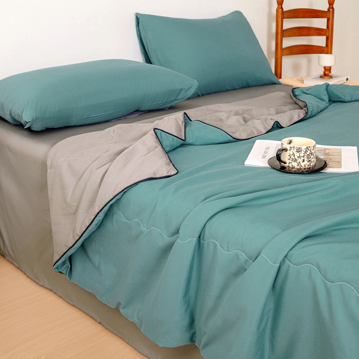 91家纺网 家纺一手货源 找家纺 易展家居 2026新款水洗棉新疆棉花夏被-嵌绳款 嵌绳-蓝灰