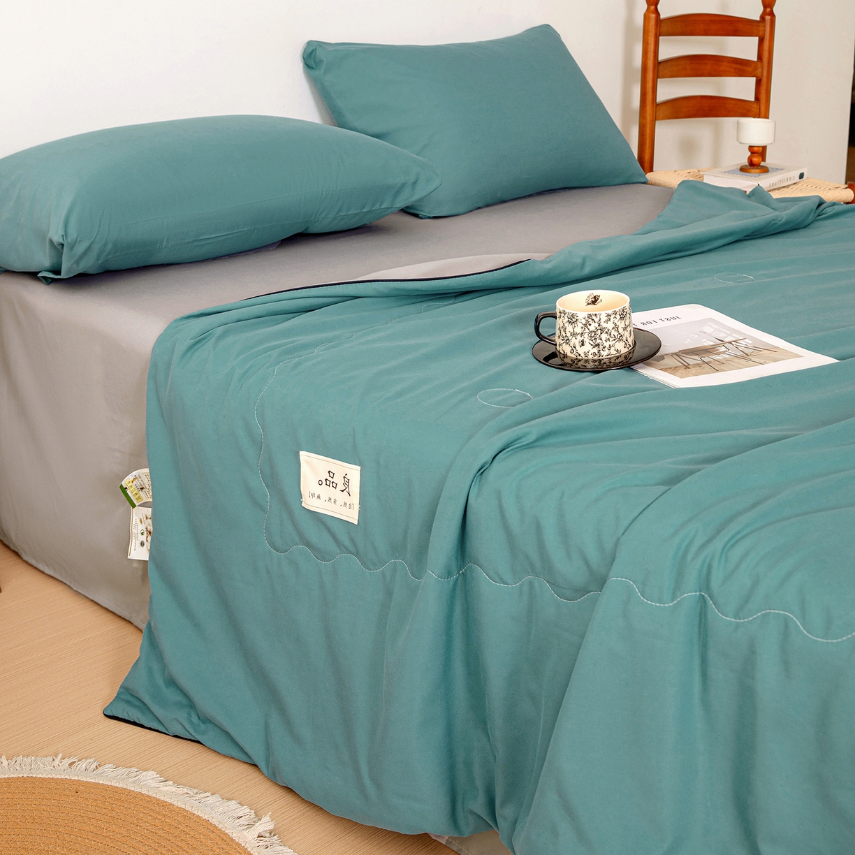 91家纺网 家纺一手货源 找家纺 易展家居 2026新款水洗棉新疆棉花夏被-嵌绳款 嵌绳-蓝灰