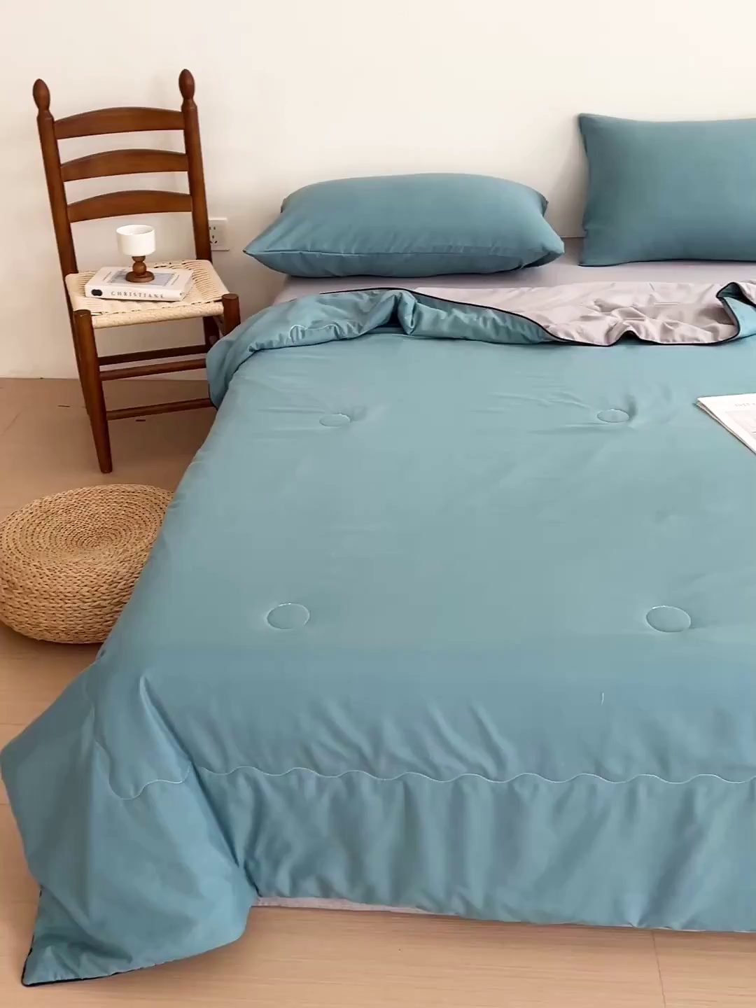 91家纺网 家纺一手货源 找家纺 易展家居 2026新款水洗棉新疆棉花夏被-嵌绳款 嵌绳-蓝灰