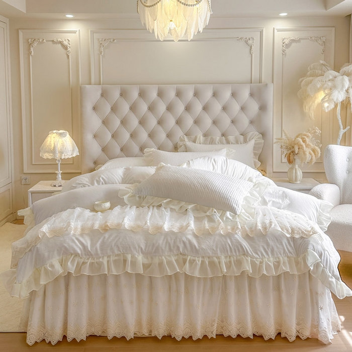 91家纺网 家纺一手货源 找家纺 （总）瑞宝 2026新款泡芙棉花边床裙四件套-栀子海