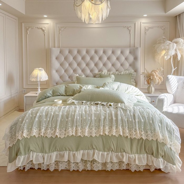 91家纺网 家纺一手货源 找家纺 （总）瑞宝 2026新款泡芙棉花边床裙四件套-栀子海