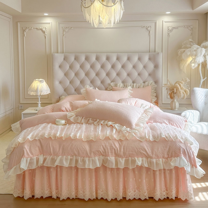 91家纺网 家纺一手货源 找家纺 （总）瑞宝 2026新款泡芙棉花边床裙四件套-栀子海