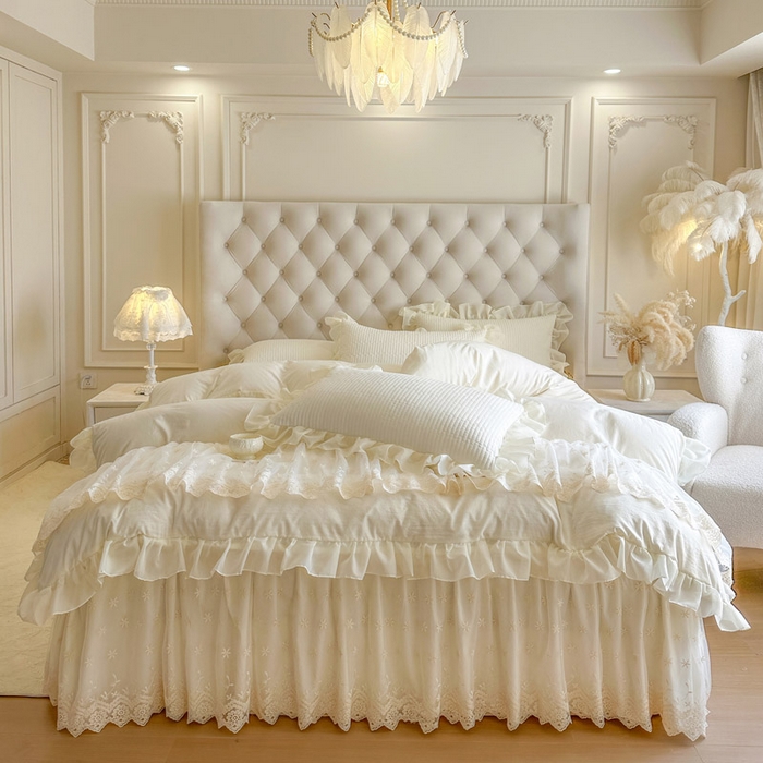 91家纺网 家纺一手货源 找家纺 （总）瑞宝 2026新款泡芙棉花边床裙四件套-栀子海