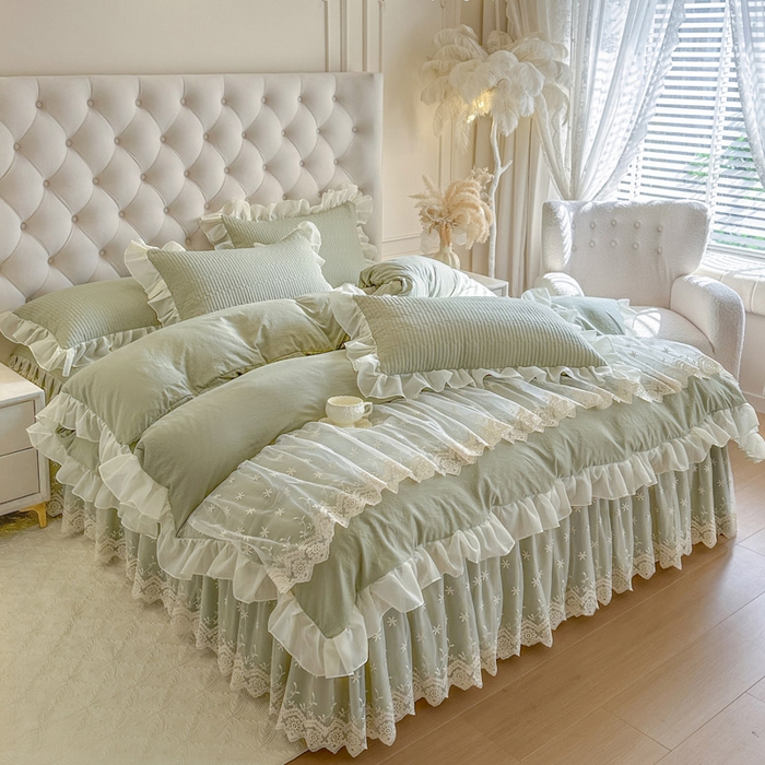 91家纺网 家纺一手货源 找家纺 （总）瑞宝 2026新款泡芙棉花边床裙四件套-栀子海