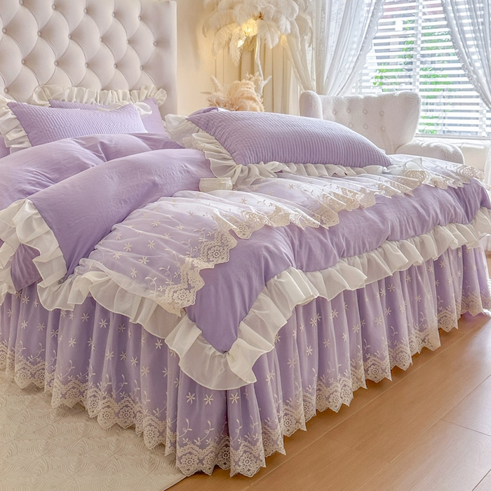 91家纺网 家纺一手货源 找家纺 瑞宝 2026新款泡芙棉花边床裙四件套-栀子海 栀子海-紫色