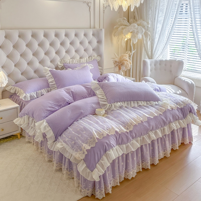 91家纺网 家纺一手货源 找家纺 瑞宝 2026新款泡芙棉花边床裙四件套-栀子海 栀子海-紫色