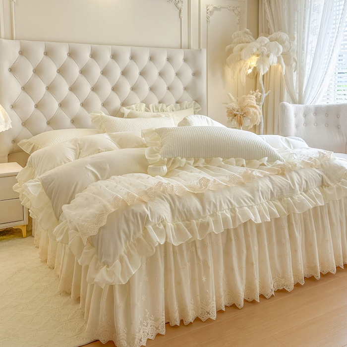 91家纺网 家纺一手货源 找家纺 瑞宝 2026新款泡芙棉花边床裙四件套-栀子海 栀子海-高级米