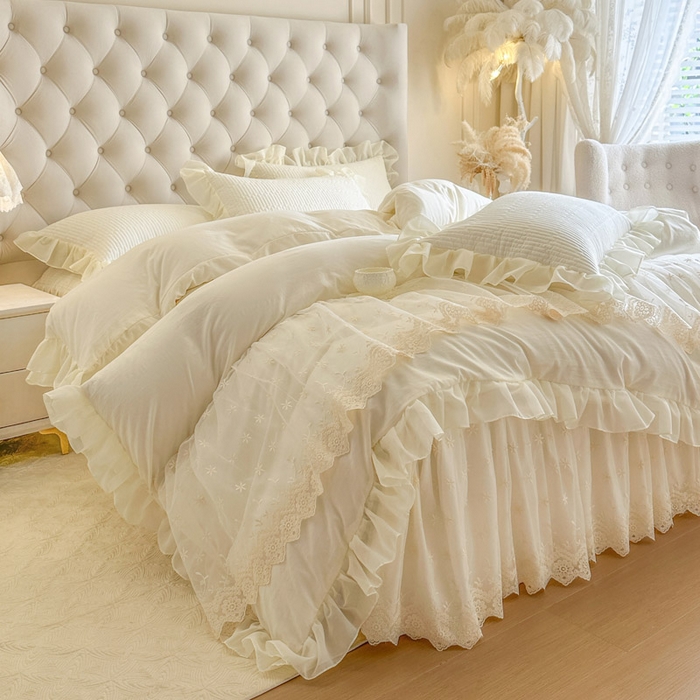 91家纺网 家纺一手货源 找家纺 瑞宝 2026新款泡芙棉花边床裙四件套-栀子海 栀子海-高级米