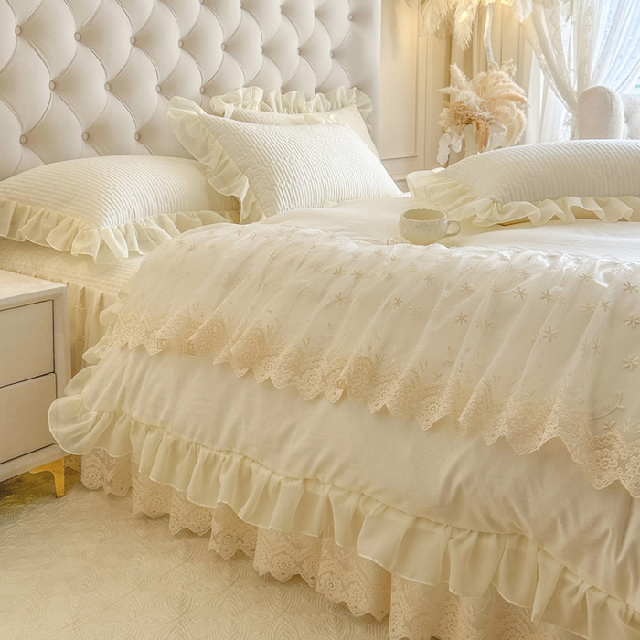 91家纺网 家纺一手货源 找家纺 瑞宝 2026新款泡芙棉花边床裙四件套-栀子海 栀子海-高级米