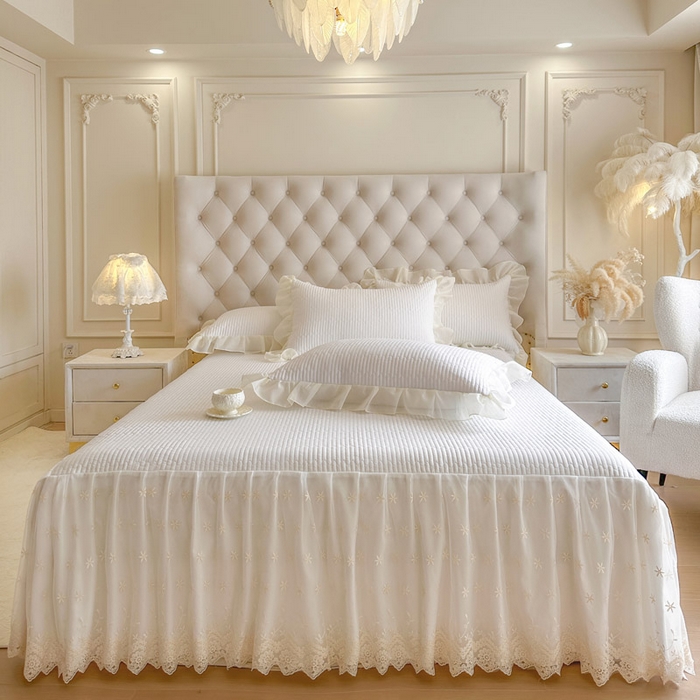 91家纺网 家纺一手货源 找家纺 瑞宝 2026新款泡芙棉花边床裙四件套-栀子海 栀子海-柔白