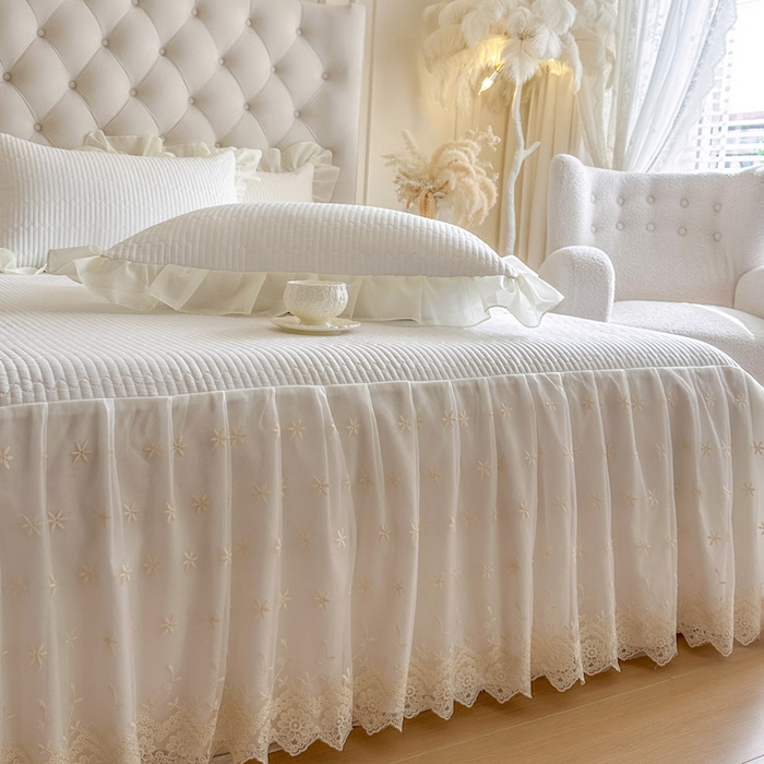 91家纺网 家纺一手货源 找家纺 瑞宝 2026新款泡芙棉花边床裙四件套-栀子海 栀子海-柔白