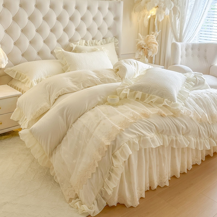 91家纺网 家纺一手货源 找家纺 瑞宝 2026新款泡芙棉花边床裙四件套-栀子海 栀子海-高级米