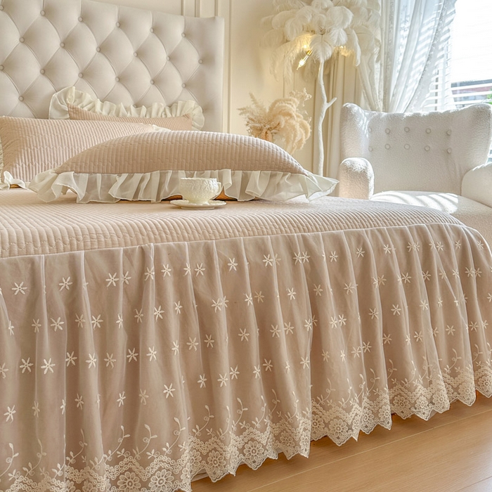 91家纺网 家纺一手货源 找家纺 瑞宝 2026新款泡芙棉花边床裙四件套-栀子海 栀子海-奶咖