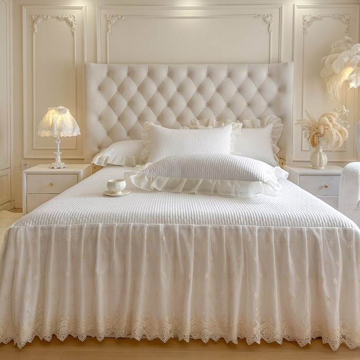 91家纺网 家纺一手货源 找家纺 瑞宝 2026新款泡芙棉花边床裙四件套-栀子海 栀子海-柔白