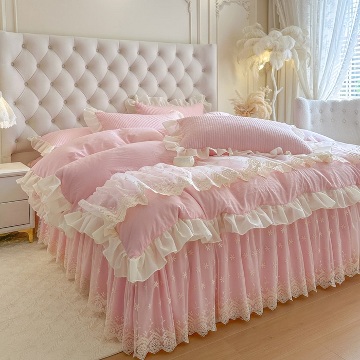 91家纺网 家纺一手货源 找家纺 瑞宝 2026新款泡芙棉花边床裙四件套-栀子海 栀子海-粉樱