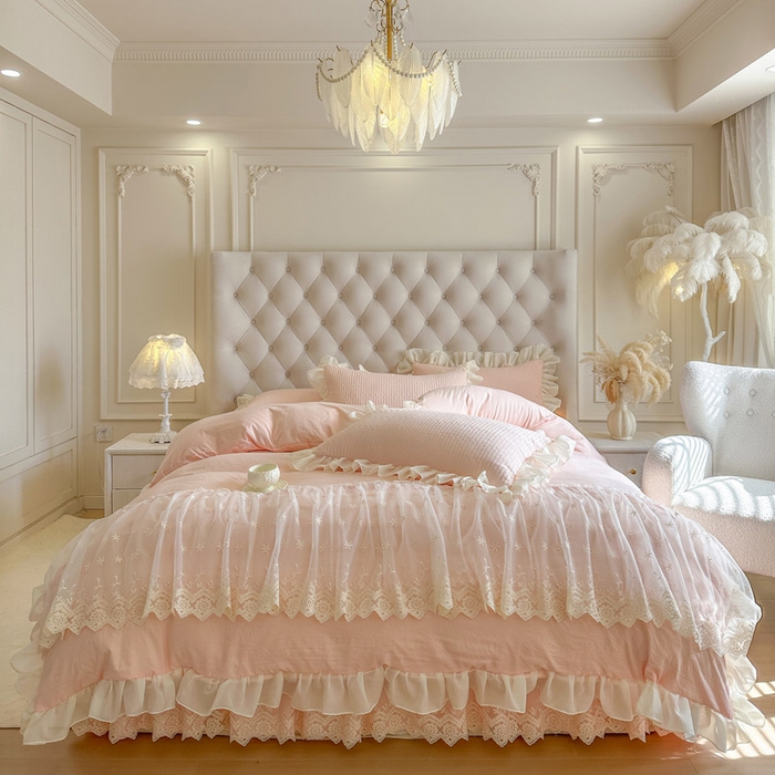 91家纺网 家纺一手货源 找家纺 瑞宝 2026新款泡芙棉花边床裙四件套-栀子海 栀子海-玉色