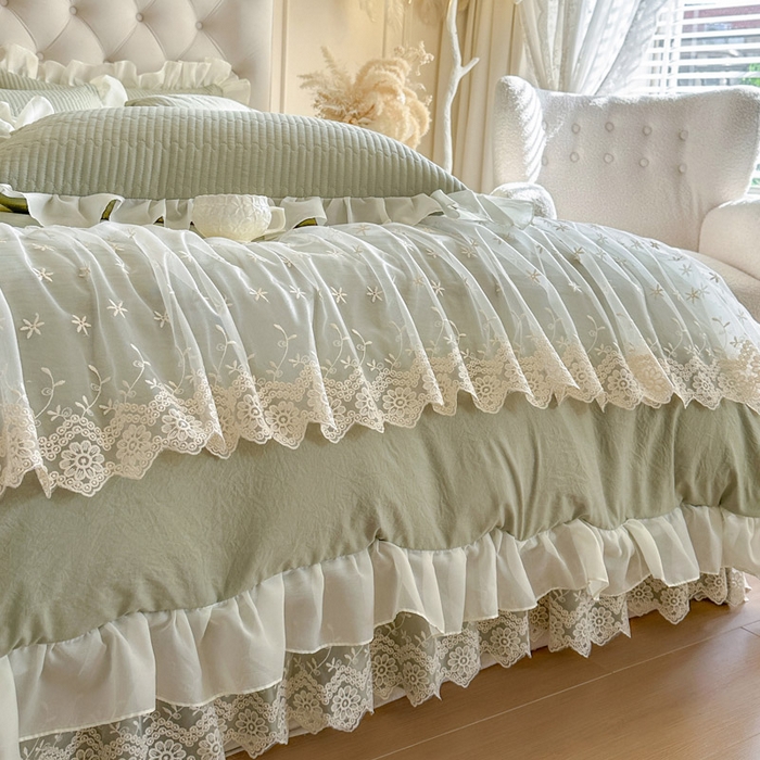 91家纺网 家纺一手货源 找家纺 瑞宝 2026新款泡芙棉花边床裙四件套-栀子海 栀子海-茶绿