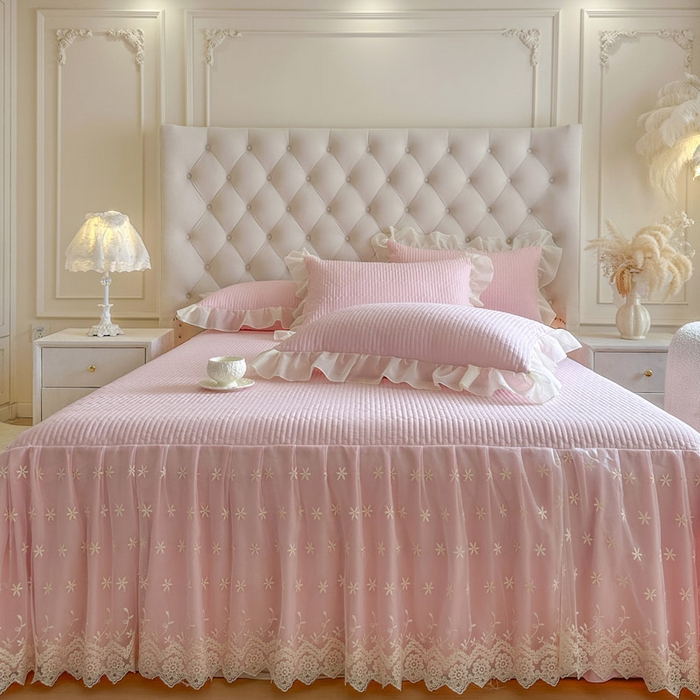 91家纺网 家纺一手货源 找家纺 瑞宝 2026新款泡芙棉花边床裙四件套-栀子海 栀子海-粉樱