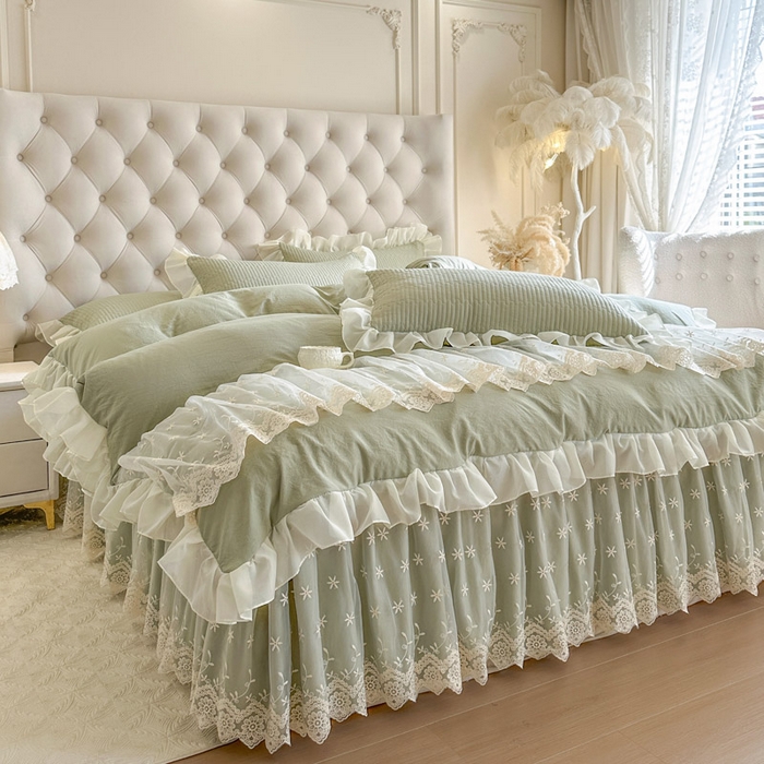 91家纺网 家纺一手货源 找家纺 瑞宝 2026新款泡芙棉花边床裙四件套-栀子海 栀子海-茶绿